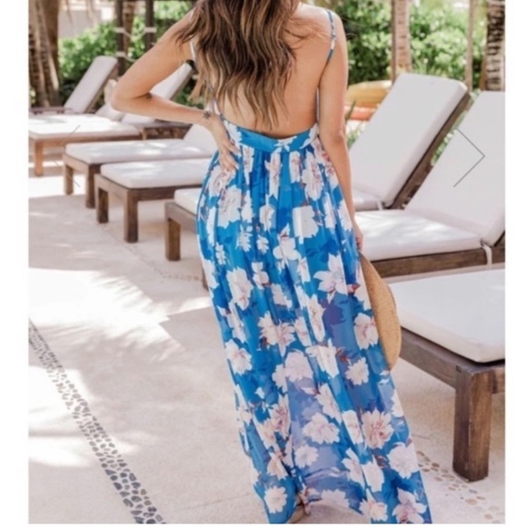 Pink Lily Blue Floral Sheer Maxi Dress Elegant Party Wedding M Cruise Feminine - Picture 7 of 16